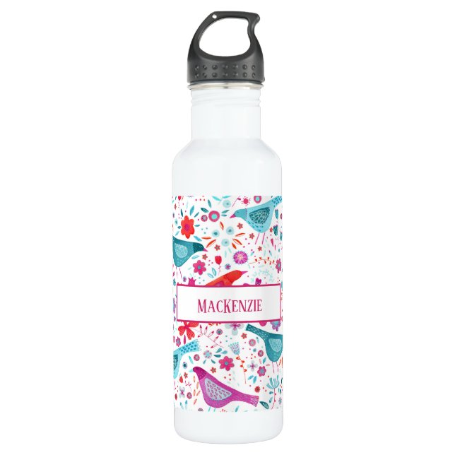 Watercolor Birds and Flowers Personalised 710 Ml Water Bottle (Front)