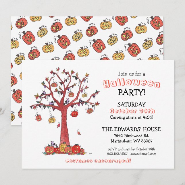 Watercolor Birds and Pumpkins Tree Party Halloween Invitation (Front/Back)