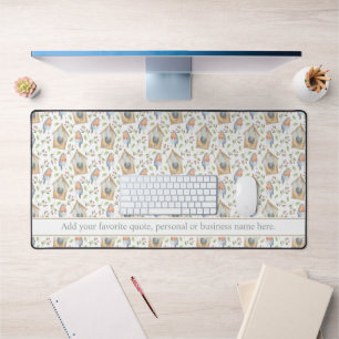 Watercolor Birds & Birdhouse Pattern Custom Text Desk Mat
