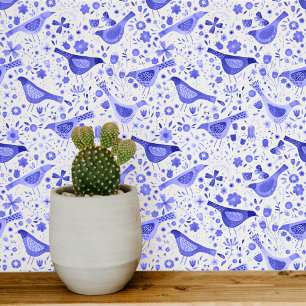 Watercolor Birds Blue and White Floral Wallpaper