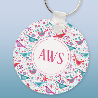 Watercolor Birds Bright Monogram Key Ring