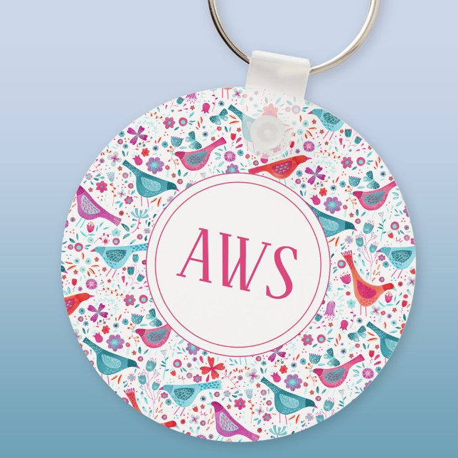 Watercolor Birds Bright Monogram Key Ring (Watercolor birds personalized monogram initials aluminium keyring keychain)
