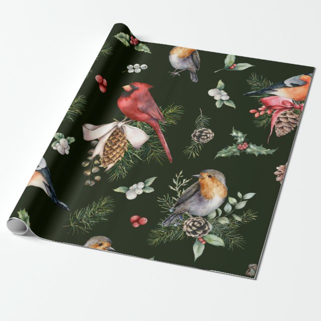 Watercolor Birds Christmas Pattern Wrapping Paper (Unrolled)