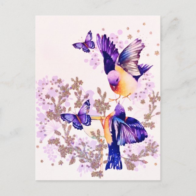 Watercolor Birds Floral Purple Glitter Holiday Postcard (Front)