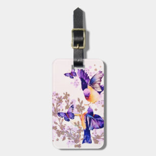 Watercolor Birds Floral Purple Glitter Luggage Tag