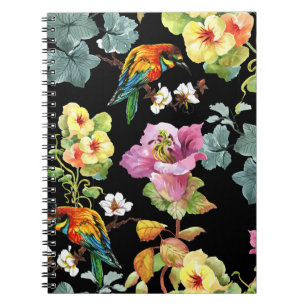 Watercolor Birds Flowers: Colourful Seamless. Notebook
