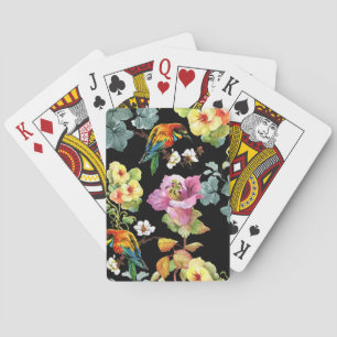 Watercolor Birds Flowers: Colourful Seamless. Playing Cards