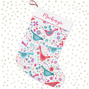 Watercolor Birds in a Garden Custom Name Small Christmas Stocking