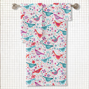 Watercolor Birds in a Garden Floral Teal Pink Bath Towel Set