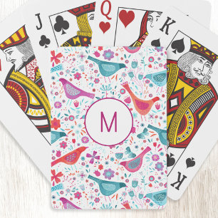 Watercolor Birds in a Garden of Flowers Monogram Playing Cards