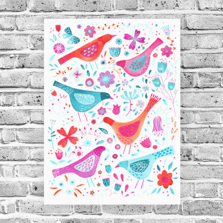 Watercolor Birds in a Garden of Flowers Painting Canvas Print