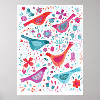 Watercolor Birds in a Garden of Flowers Painting Poster