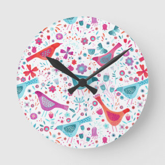 Watercolor Birds in a Garden of Flowers Painting Round Clock