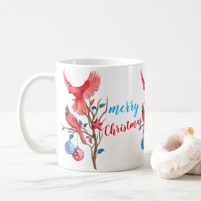 Watercolor birds Merry Christmas personalised Coffee Mug (With Donut)