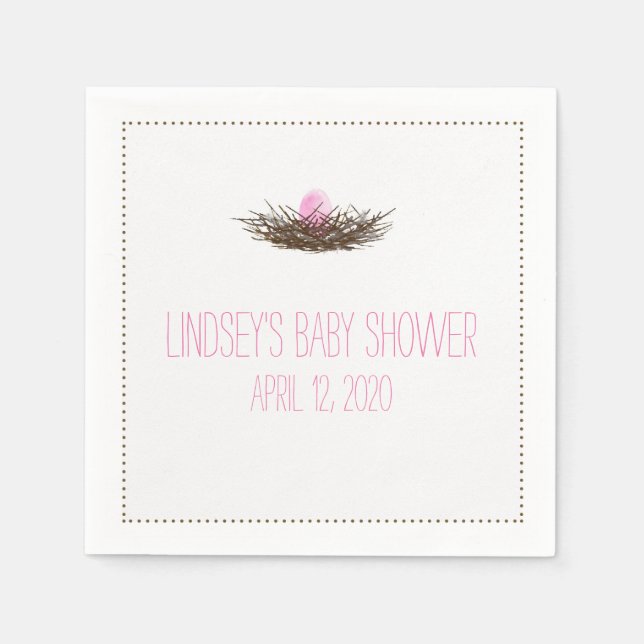 Watercolor Bird's Nest | Baby Girl Shower Napkin (Front)