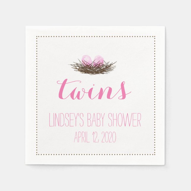 Watercolor Bird's Nest | Twin Baby Girls Shower Napkin (Front)