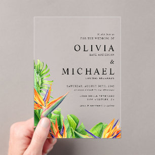 Watercolor Birds of Paradise Tropical Wedding Acrylic Invitations
