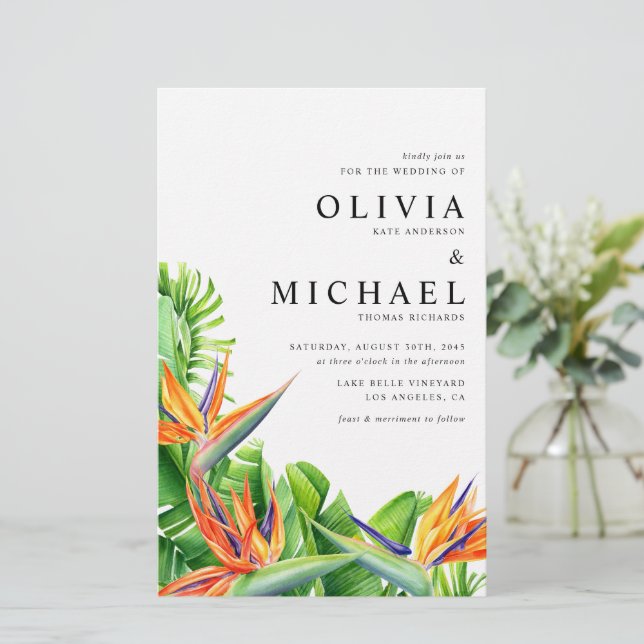 Watercolor Birds of Paradise Wedding Invitation (Standing Front)