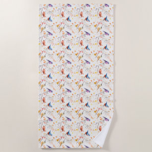 Watercolor Birds on Branch Pattern Beach Towel