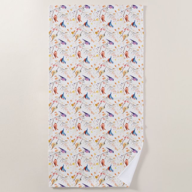 Watercolor Birds on Branch Pattern Beach Towel (Front)