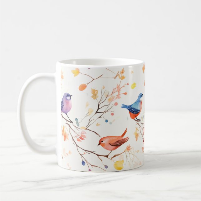 Watercolor Birds on Branch Pattern Coffee Mug (Left)