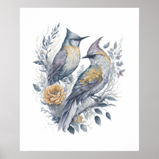 Watercolor Birds on Flower Branch Poster