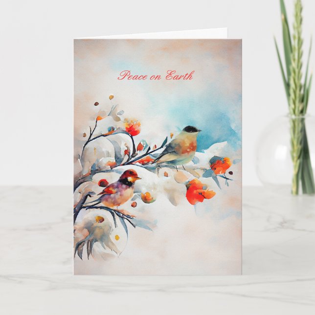 Watercolor Birds on Snowy Branches Winter Scene Card (Front)
