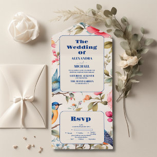 Watercolor Birds Peony Chinoiserie Garden Wedding All In One Invitation