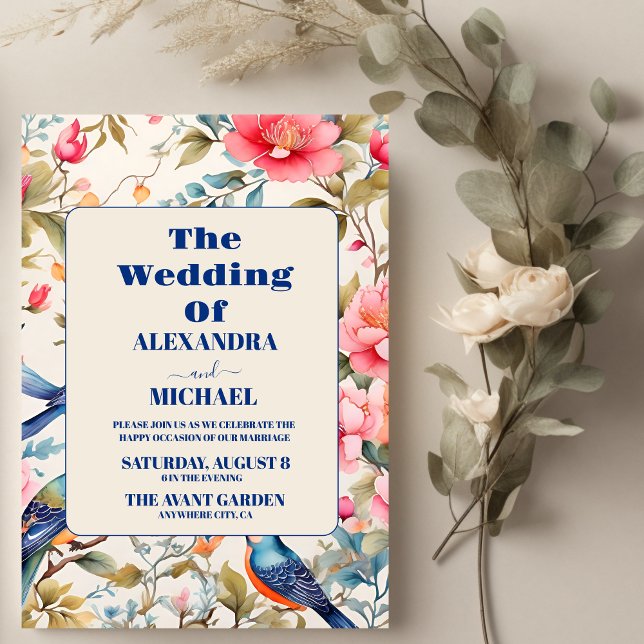 Watercolor Birds Peony Chinoiserie Garden Wedding Invitation (Creator Uploaded)
