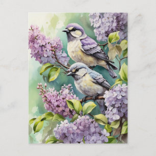 Watercolor Birds with Blooming Lilac Flowers Postcard