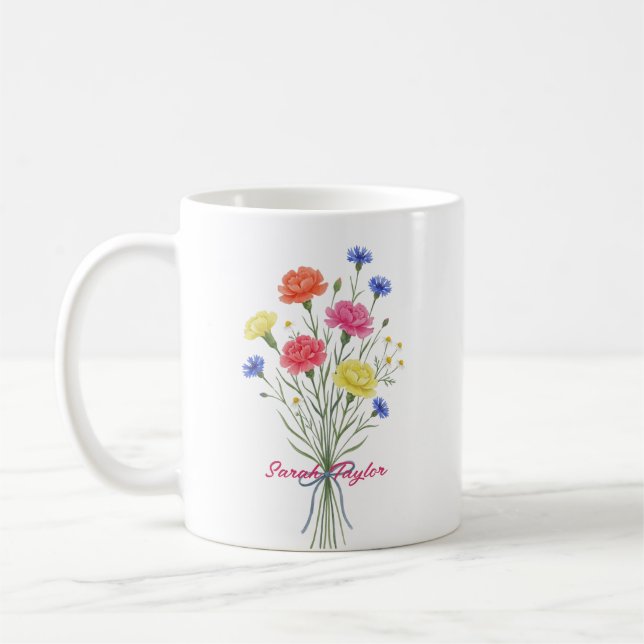 Watercolor Birth Flower Carnation Personalized Mug (Left)