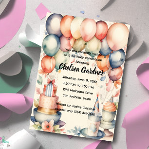 Watercolor Birthday Balloons Cake Food Invitation