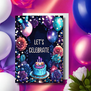 Watercolor Birthday Balloons Cake Navy Blue Purple