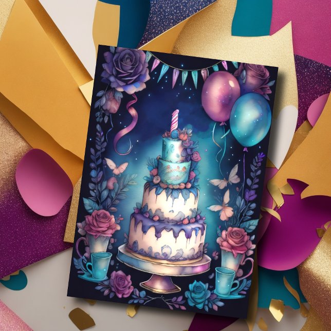 Watercolor Birthday Balloons Cake Navy Blue Purple Invitation (Creator Uploaded)