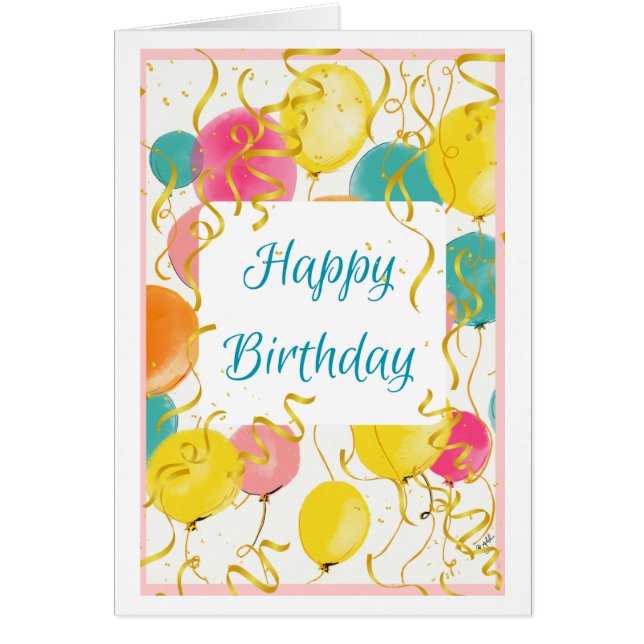 Watercolor Birthday Balloons Card For Her (Front)