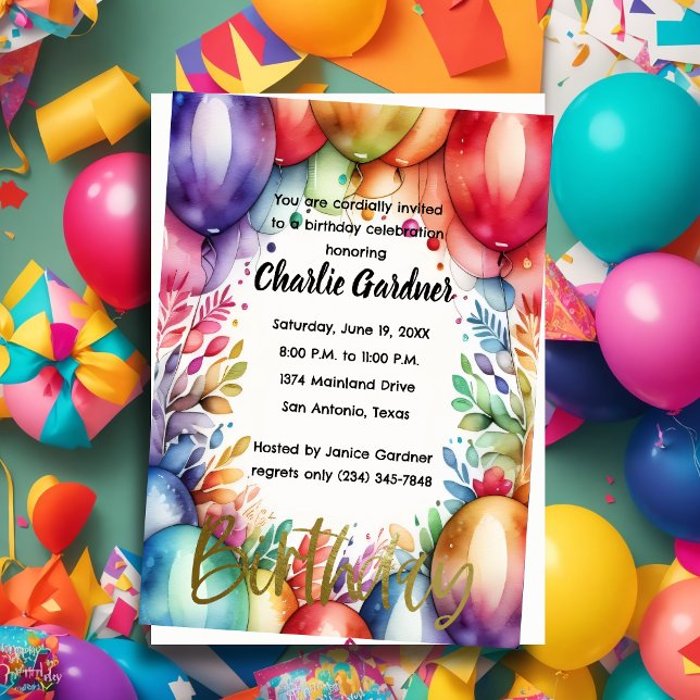 Watercolor Birthday Balloons Colourful Invitation (Creator Uploaded)