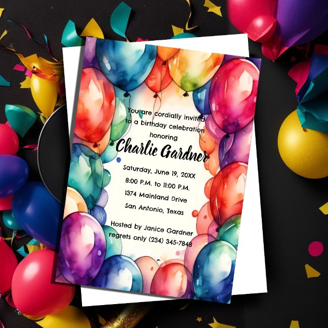 Watercolor Birthday Balloons Colourful Invitation (Creator Uploaded)