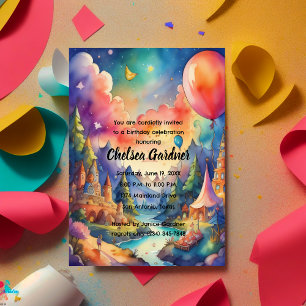 Watercolor Birthday Balloons Fantasy Landscape Invitation