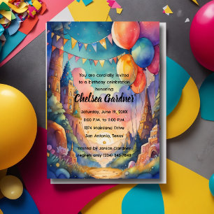 Watercolor Birthday Balloons Fantasy Landscape Invitation