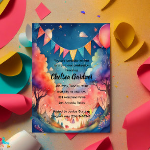 Watercolor Birthday Balloons Fantasy Landscape Invitation