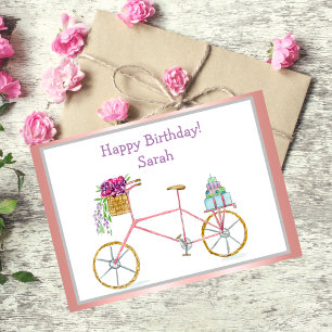 Watercolor Birthday Bicycle With Flowers & Cake Card