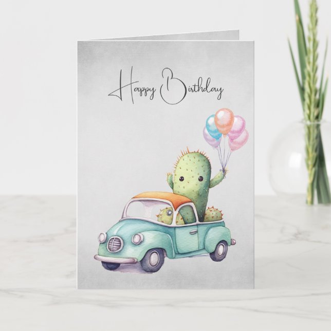 Watercolor Birthday Cacti In Retro Truck Card (Front)