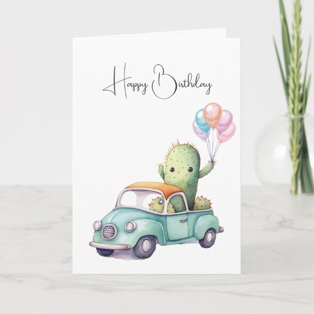 Watercolor Birthday Cacti In Retro Truck Card (Front)