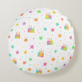 Watercolor Birthday Cake Colorful Paint Splatter Round Cushion