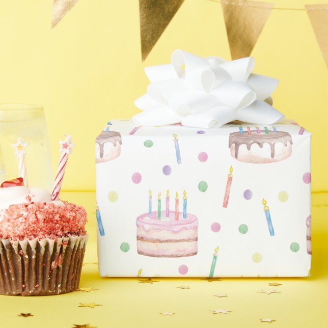 Watercolor Birthday Cake & Confetti Wrapping Paper (Birthday Party)