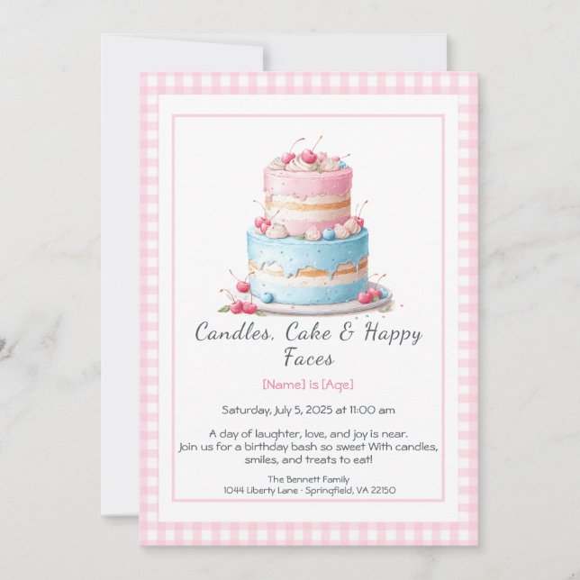 Watercolor Birthday Cake Invitation – pink blue (Front)