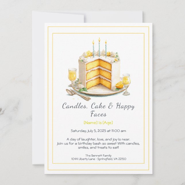 Watercolor Birthday Cake Invitation – yellow (Front)