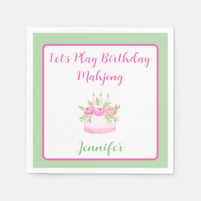 Watercolor Birthday Cake Mahjong PERSONALIZE Green Napkin (Front)