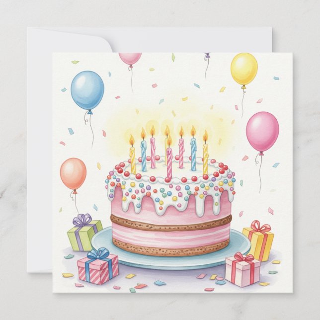 Watercolor Birthday Cake with Candles and Balloons Card (Front)