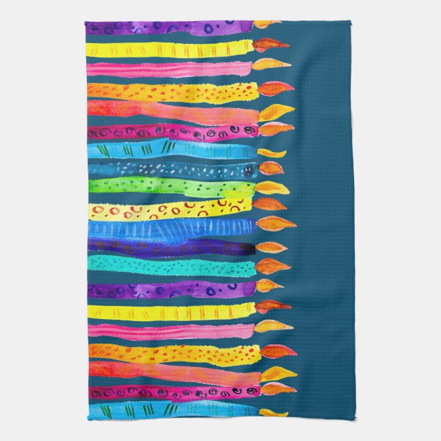 Watercolor birthday candles colourful tea towel (Vertical)